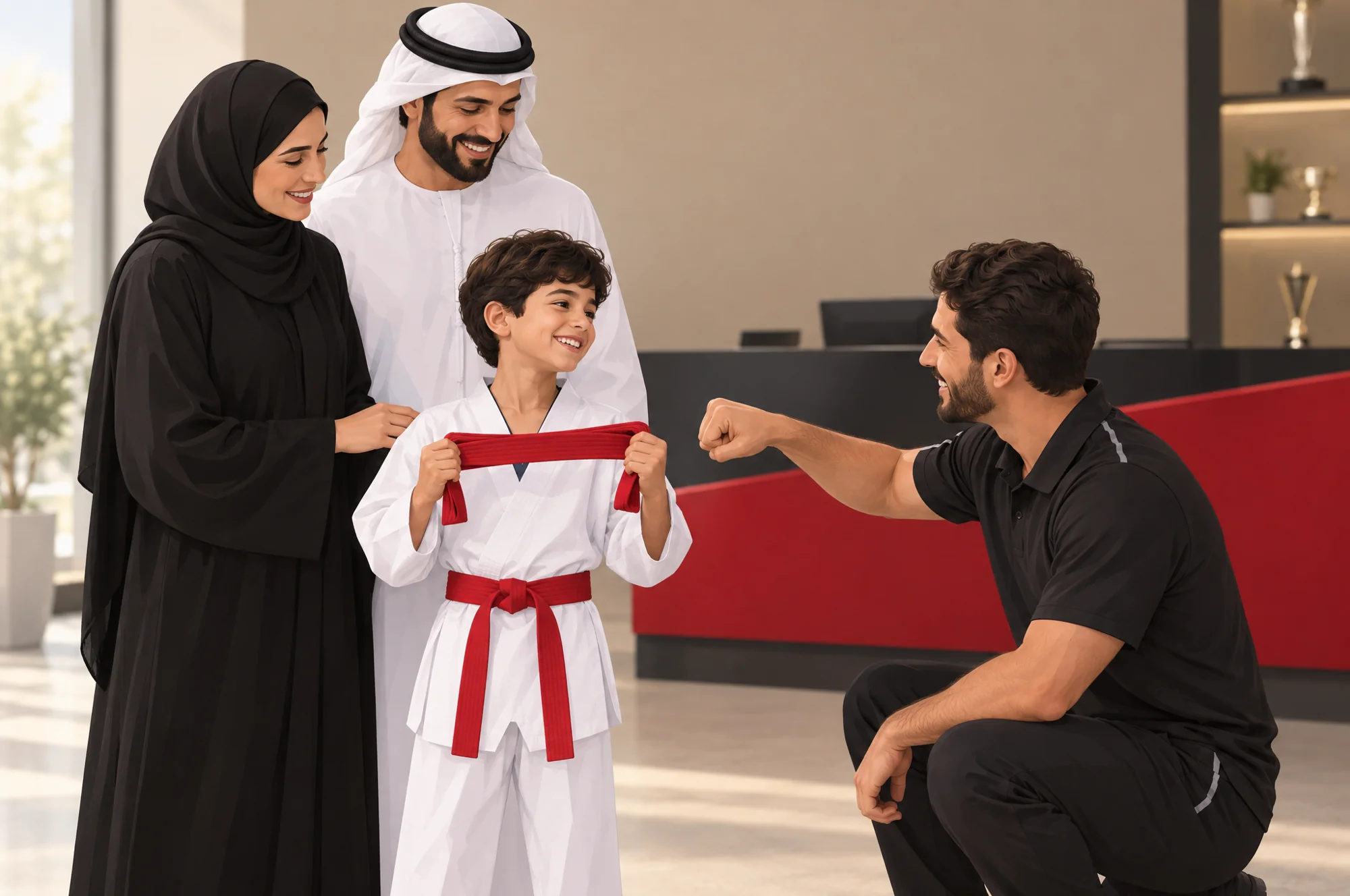 طفل ببدلة تايكوندو يعرض حزامه الأحمر الجديد على والديه بينما يحيّيه المدرب