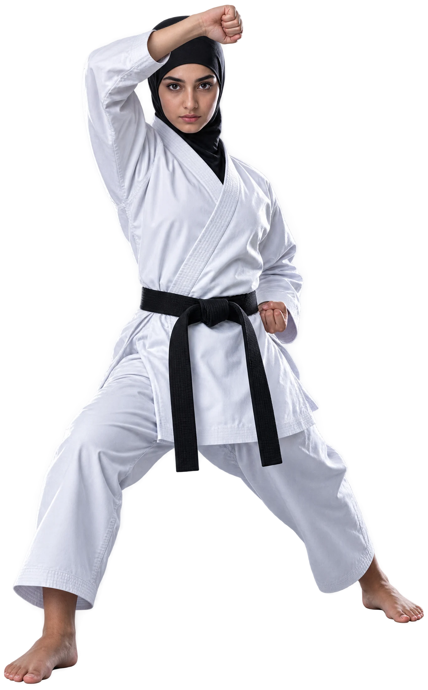A karateka in a white gi and black hijab holds a high block in a kata stance
