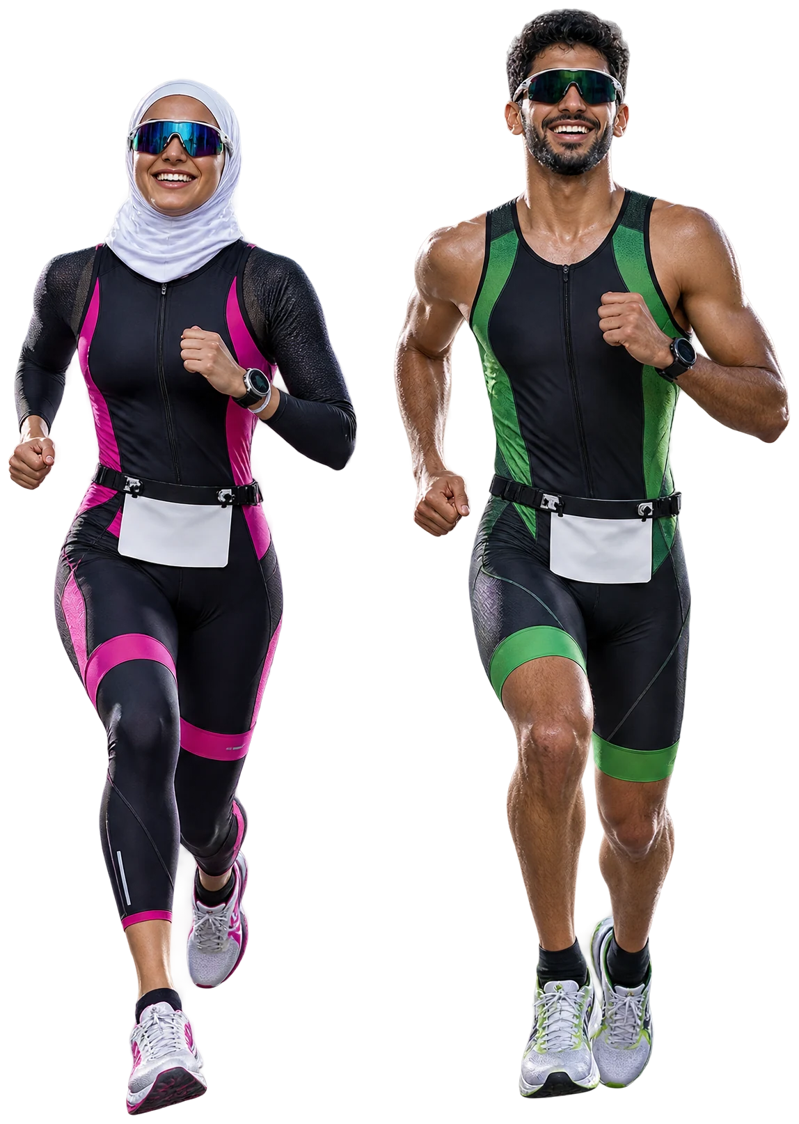رياضيان في الترايثلون ببدلتي سباق يركضان جنبًا إلى جنب